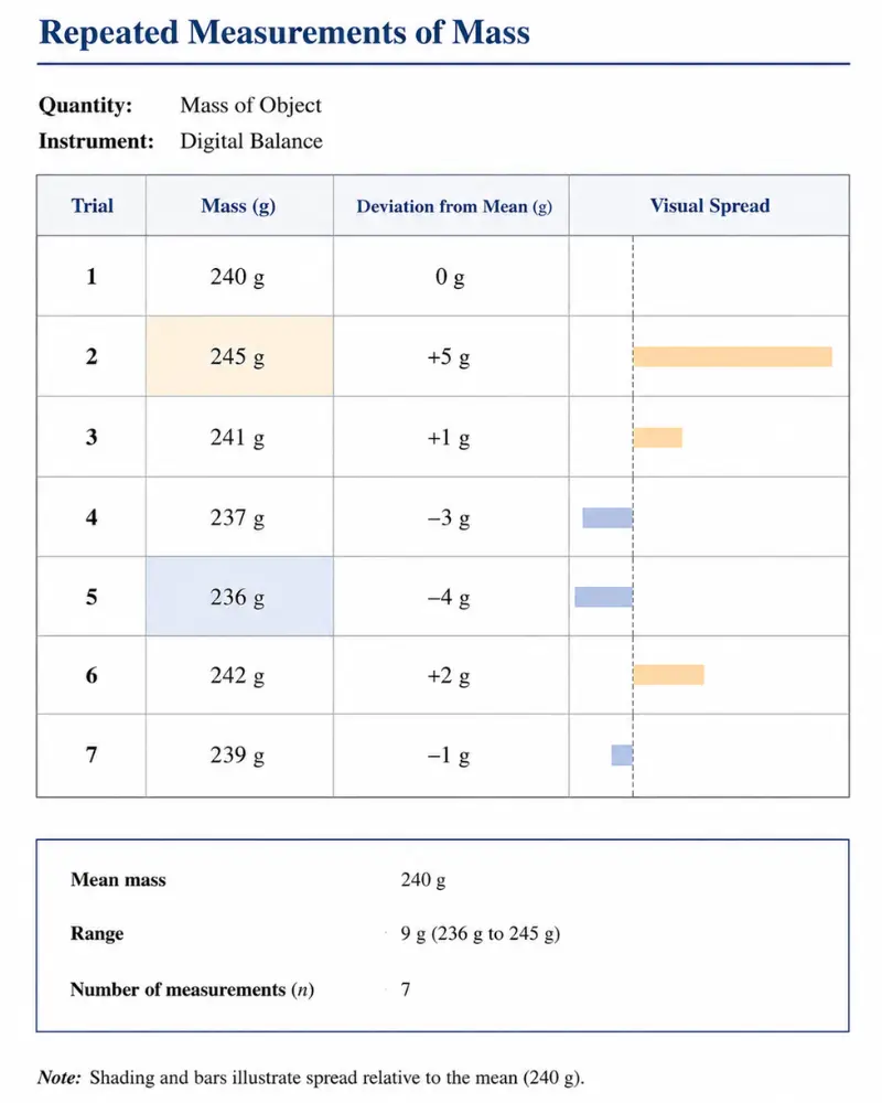 Image showing repeated values of measurement with their deviation from mean