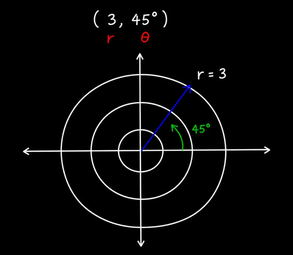 Image showing polar coordinates as an example of curvilinear coordinates.