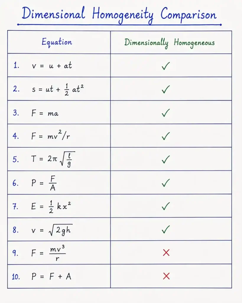 Image showing principle of homogeneity examples whether the equation is dimensionally homogeneous or not