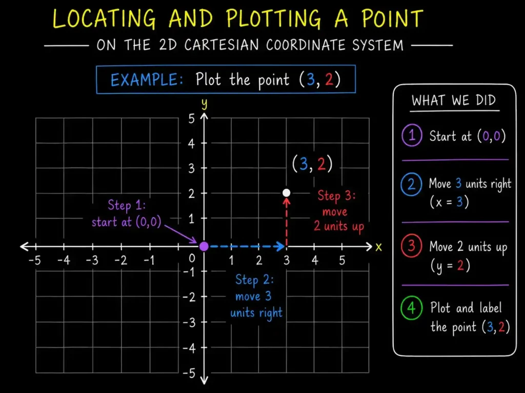 Image showing how to plot a point in a 2D coordinate system, showing x-axis and y-axis intersecting at origin with plotted points.