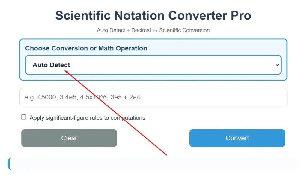 Auto Detect tool in the scientific notation converter and calculator online handles conversions and computations automatically.