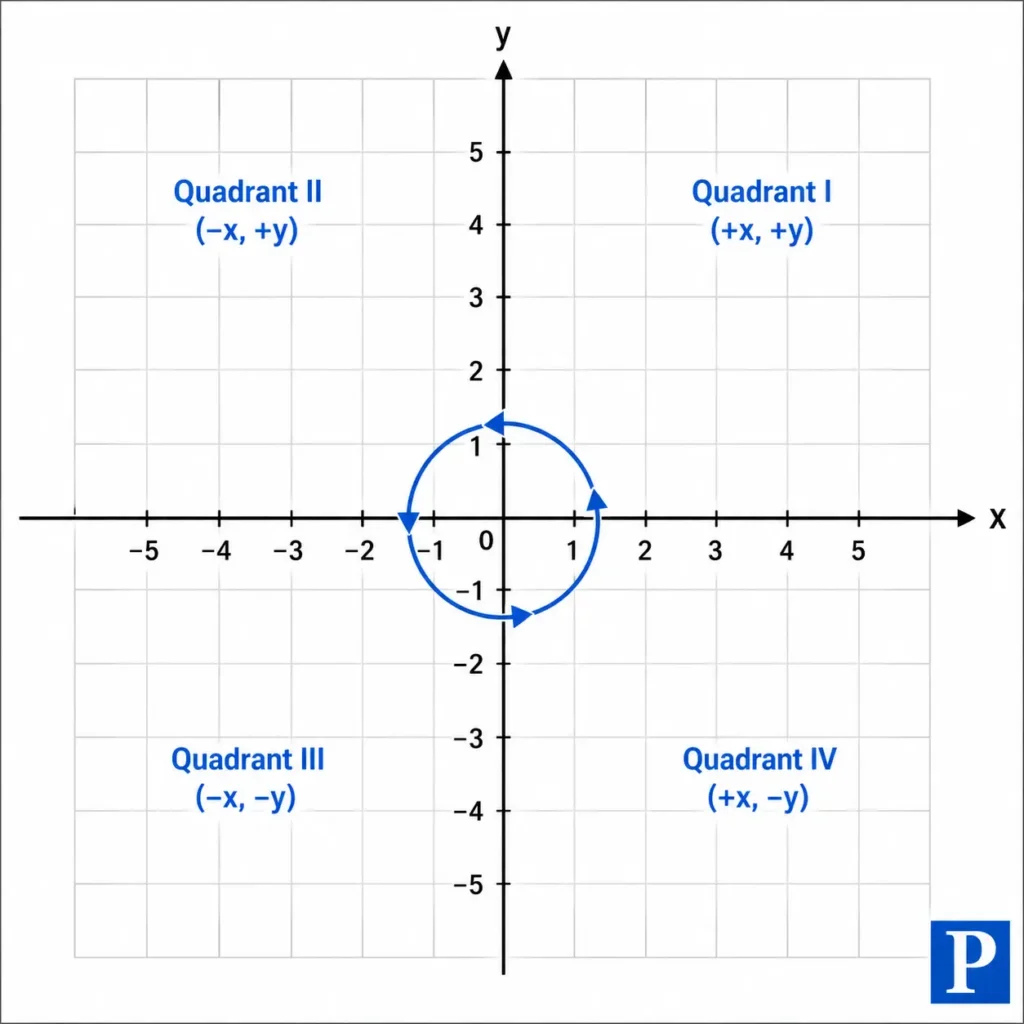 Image showing all four quadrants (Quadrant 1, 2, 3, and 4) on a coordinate plane with x-axis and y-axis clearly labeled.