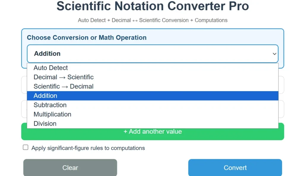 A calculator that adds numbers in scientific notation and displays the combined result in normalized scientific notation clearly.