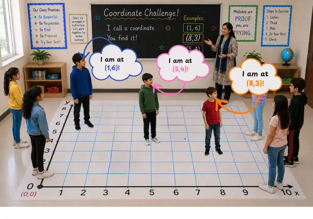 Students learning cartesian coordinate system in classroom and standing at points where teacher says