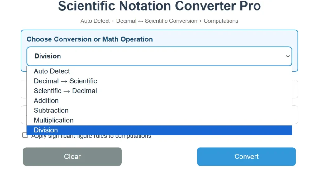 A calculator for dividing two values in scientific notation and displaying the quotient in normalized scientific notation clearly.