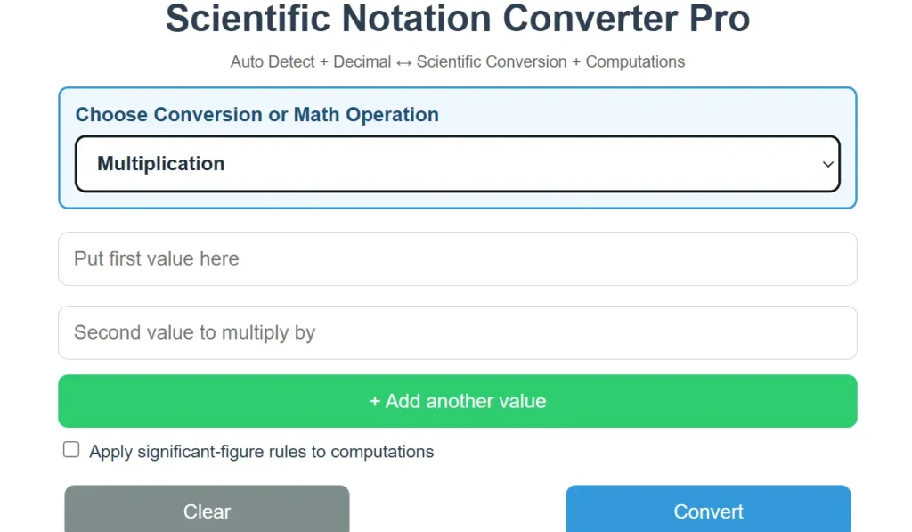 A calculator that multiplies up to five values in scientific notation, displaying their product in normalized scientific notation.