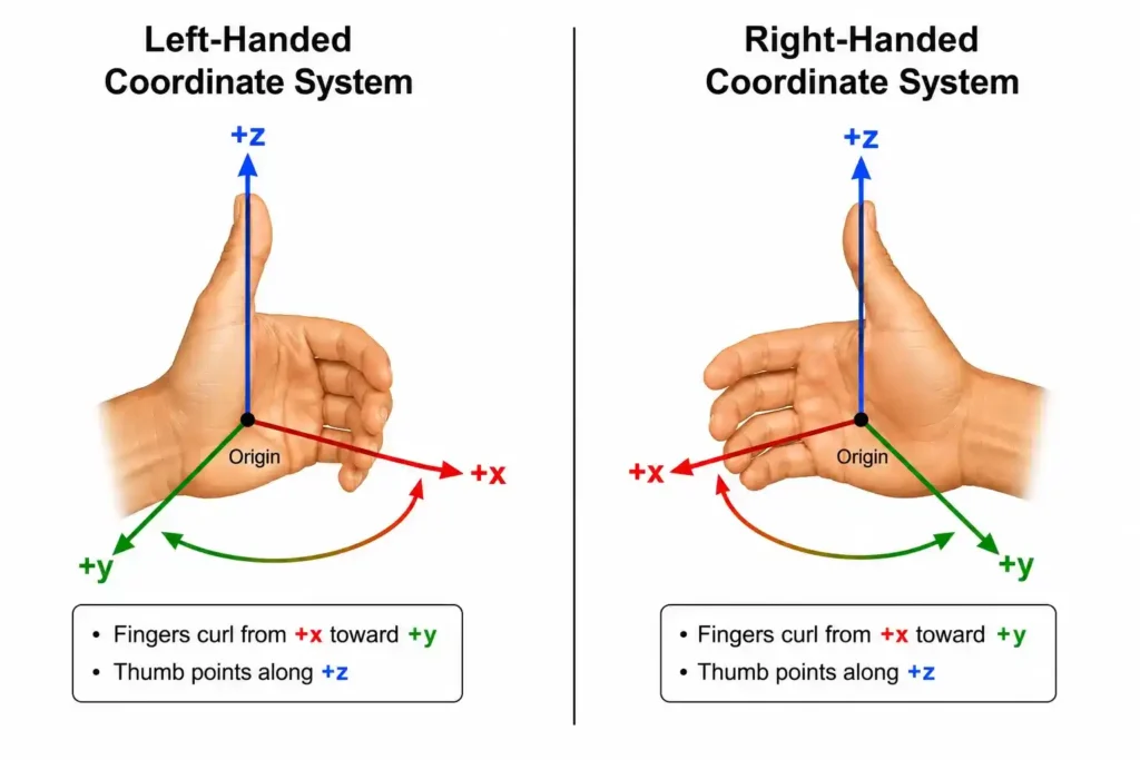 Diagram illustrating right-handed and left-handed 3D Cartesian coordinate systems with x, y, and z axes.