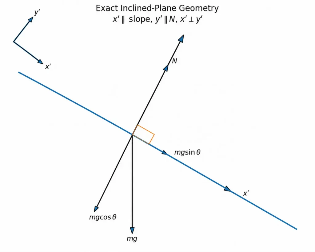 Illustration of a rotated or tilted Cartesian coordinate system showing a free-body diagram of a skier sliding down a slope.