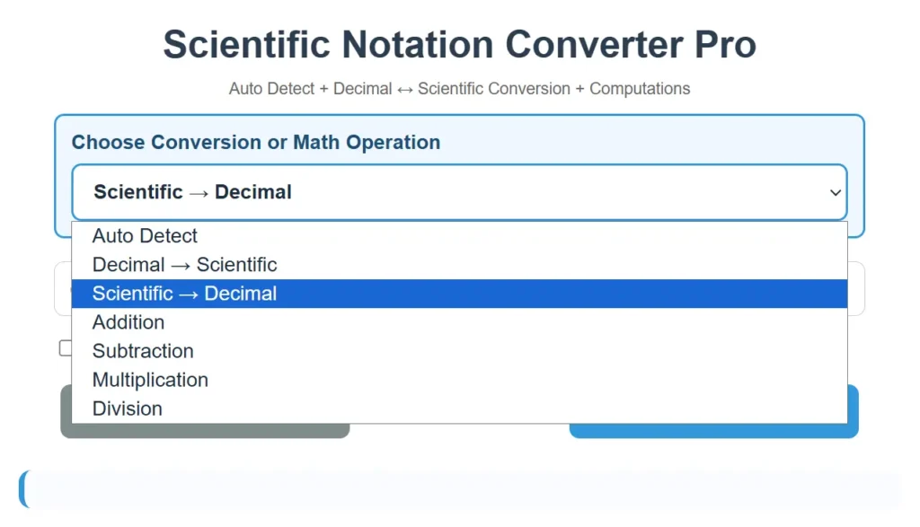 A converter tool that converts scientific notation into a standard decimal number and displays the complete converted value clearly.