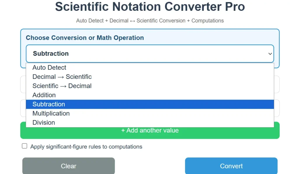 A calculator subtracting numbers in scientific notation and displaying the difference in normalized scientific notation accurately