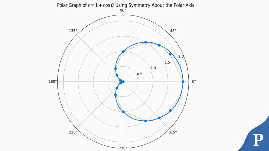 Graph of polar equation r = 1 + cosθ using polar coordinates on polar grid