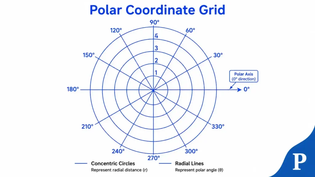 Image showing polar grid that contains radial lines and concentric circles with marking of polar angles and radial distances.