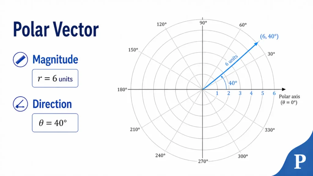 Polar vector (6,40°) drawn on a polar grid