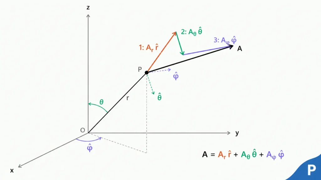 Showing how to combine component vectors in spherical coordinates to draw the resultant vector