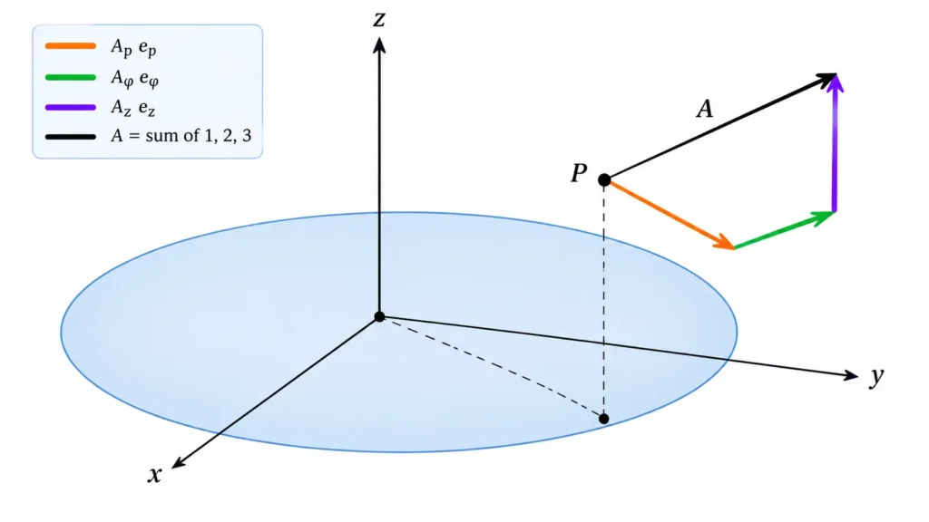 Infographic representing vector in cylindrical coordinates