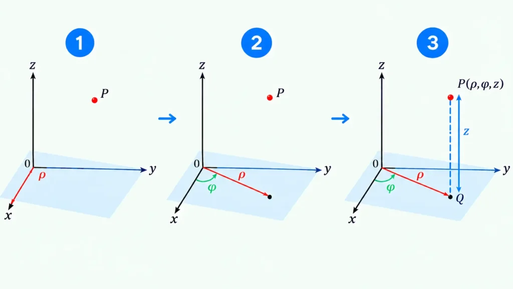 Infographic showing how to locate or find cylindrical coordinates of a given point
