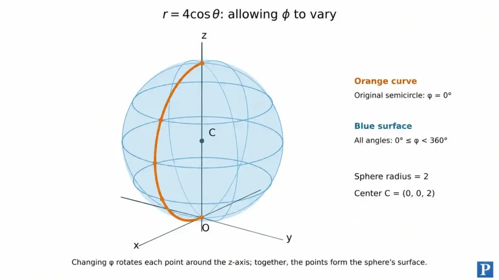 Infographic showing the final graph of spherical coordinate equation r=4cos θ.
