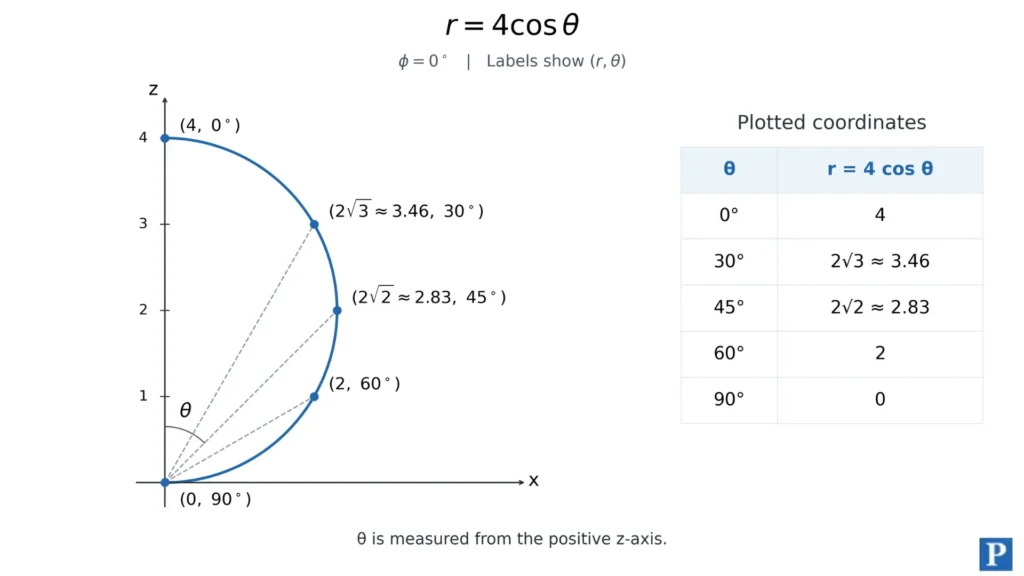 Graphing spherical coordinate equation r = 4cosθ with ɸ = 0