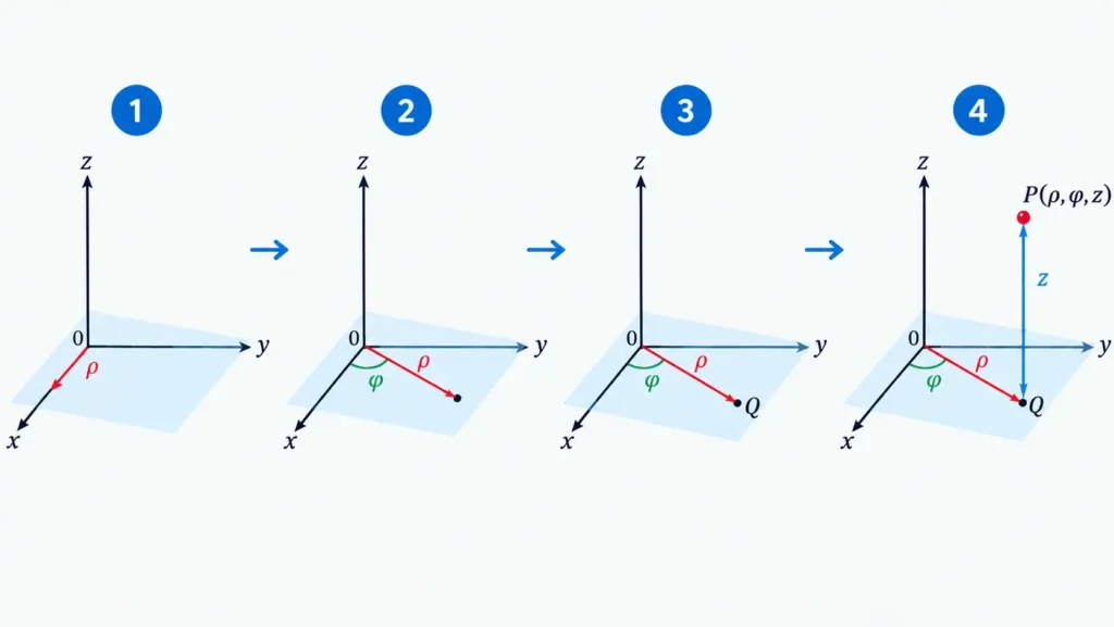 Infographic showing step by step process of how to plot cylindrical coordinates