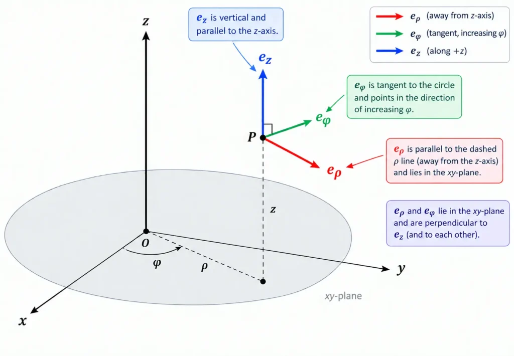 Infographic showing representation of unit vectors in cylindrical coordinates